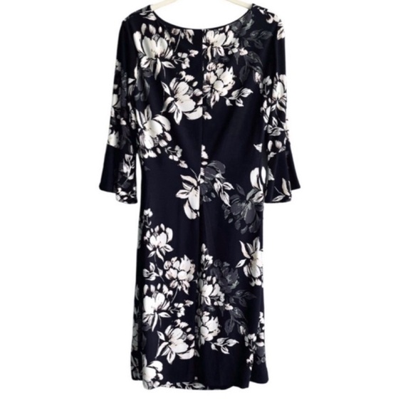 Anne Klein Bell Sleeve Floral Dress Ruched Jersey Sheath Black Gray Size 10 - Picture 2 of 11